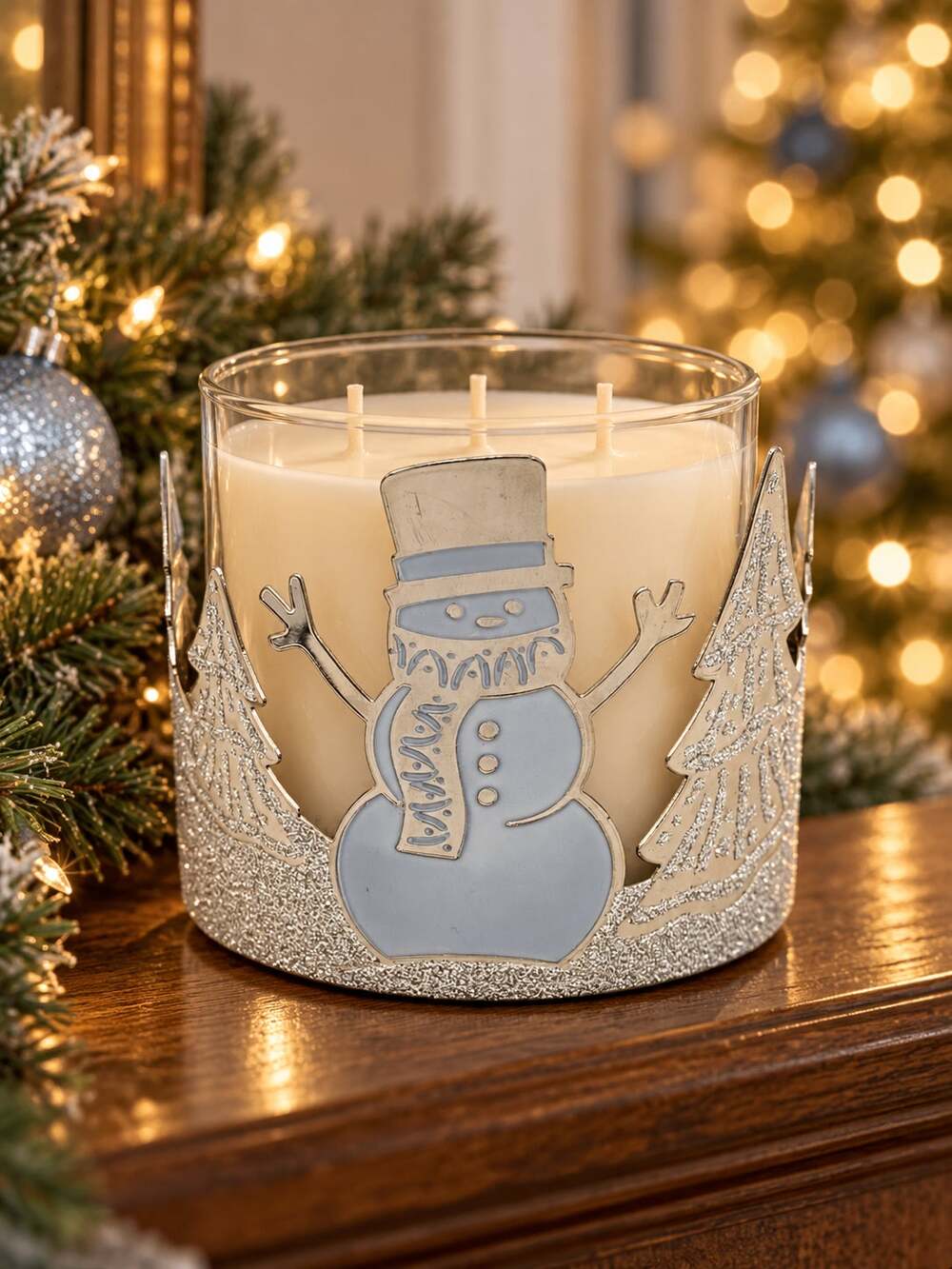 Bath & Body Works Snowman Christmas Winter 3 Wick Candle Holder Silver Glitter